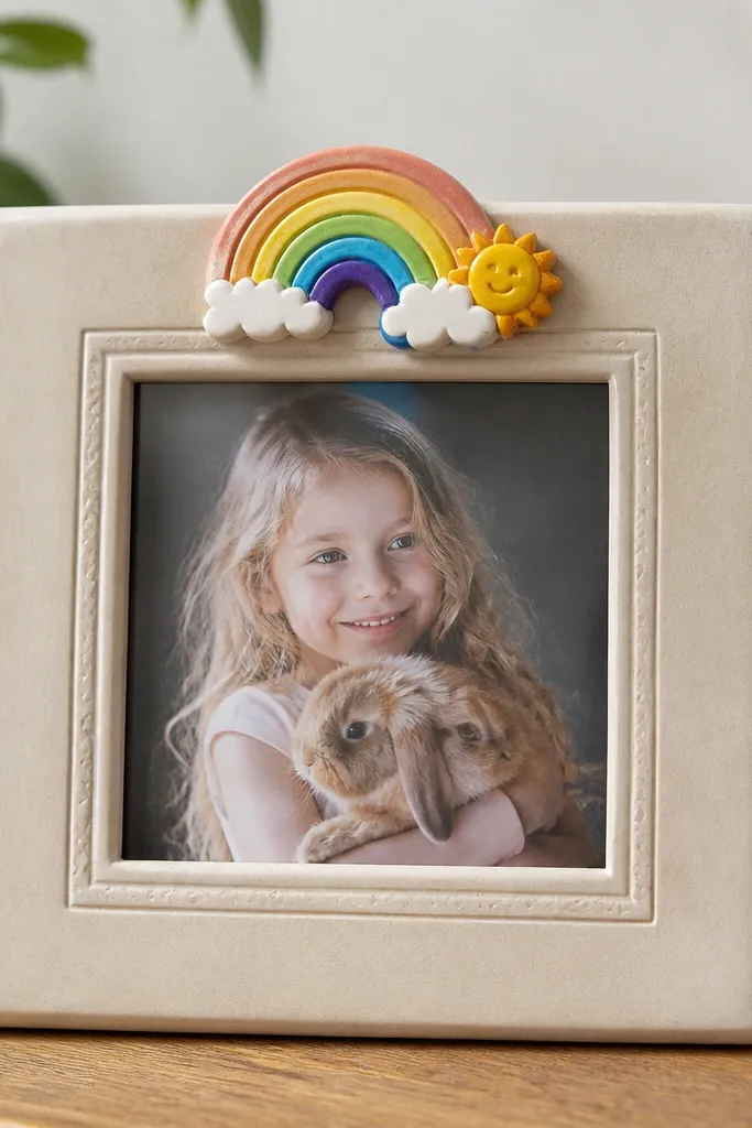 A frame with a small salt dough nameplate on the top edge. The dough is baked and painted in bright colors, with a photo centered below.