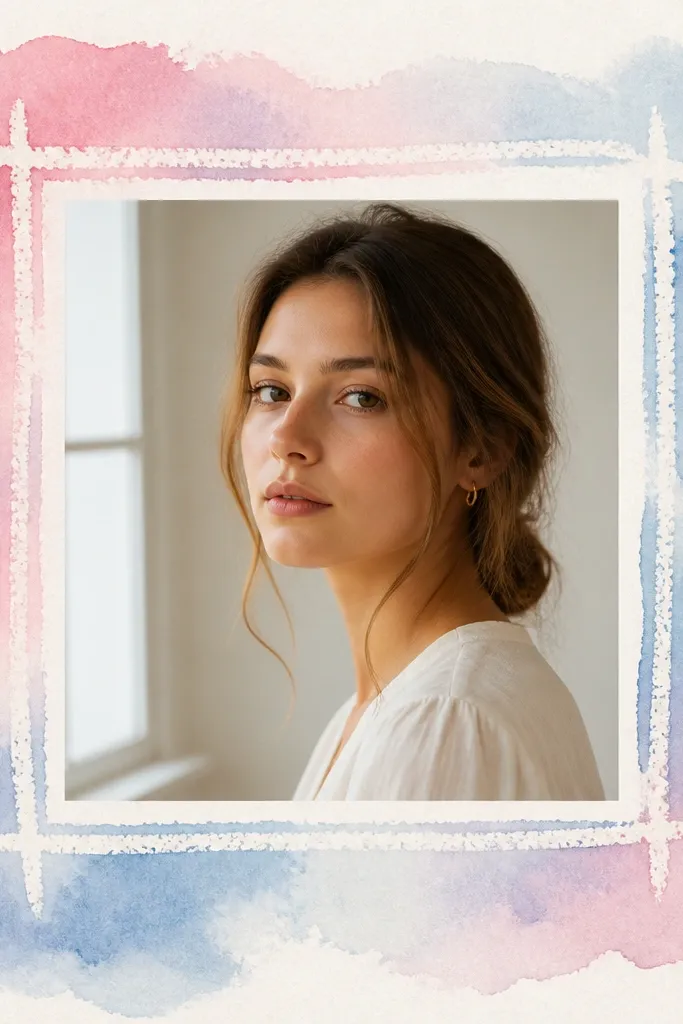 A frame with white paper inside a border where crayon lines resist watercolor. The edges are washed with soft watercolor in pink and blue, and a photo appears centered behind a window.