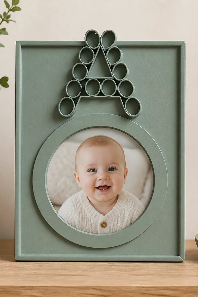 A frame where the top spells a letter using rolled toilet paper tube pieces. The center has a circular mat around the photo, and the whole frame is painted a single color.