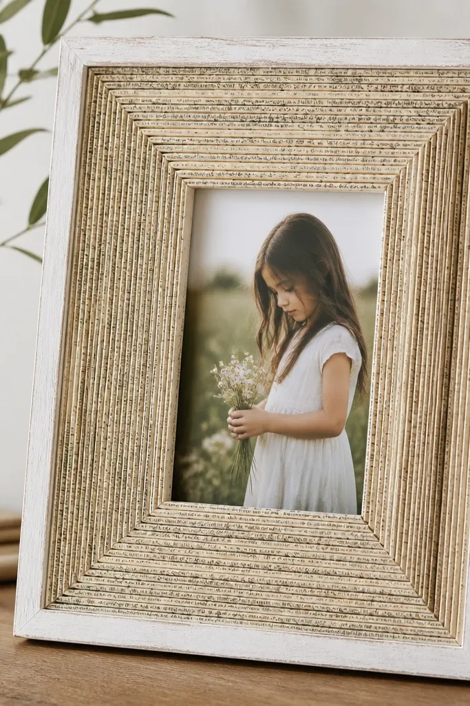 A 5x7 frame where the outer mat is made from layered book pages, folded and glued around a photo opening, with visible paper edges and a simple painted wood border.