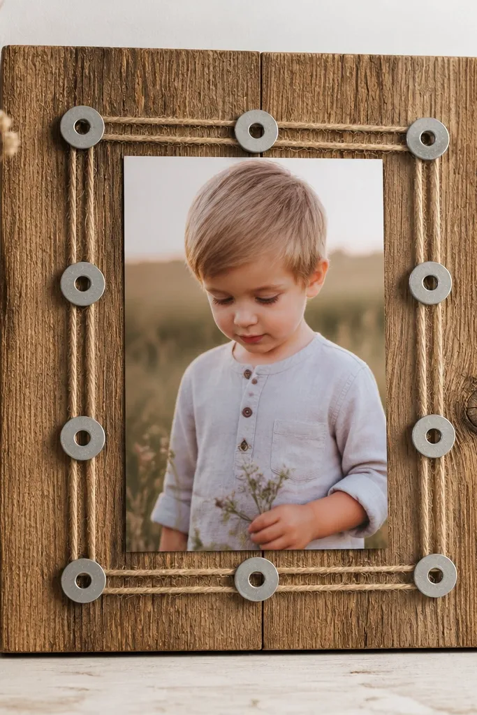 A small square frame made from two parallel twine lines stretched across a scrap wood backing, with metal washers spaced evenly around the edges holding a 2x3 photo in place.