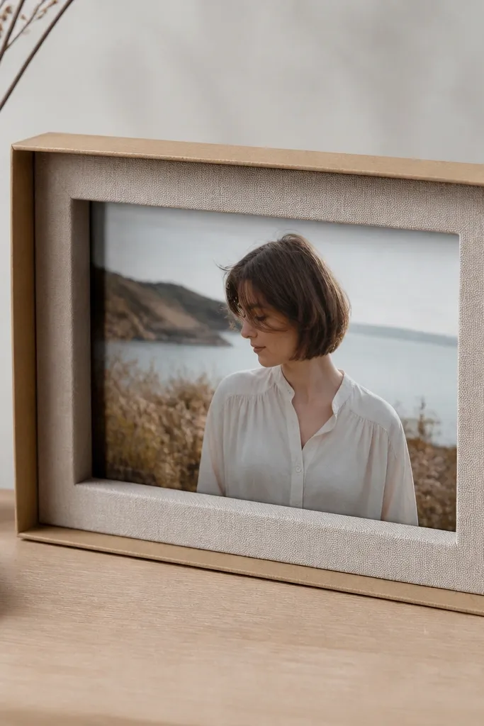 A shallow box frame made from thick cardboard with a fabric strip lining the inside border, displaying a 4x6 photo with a slight 3D depth.