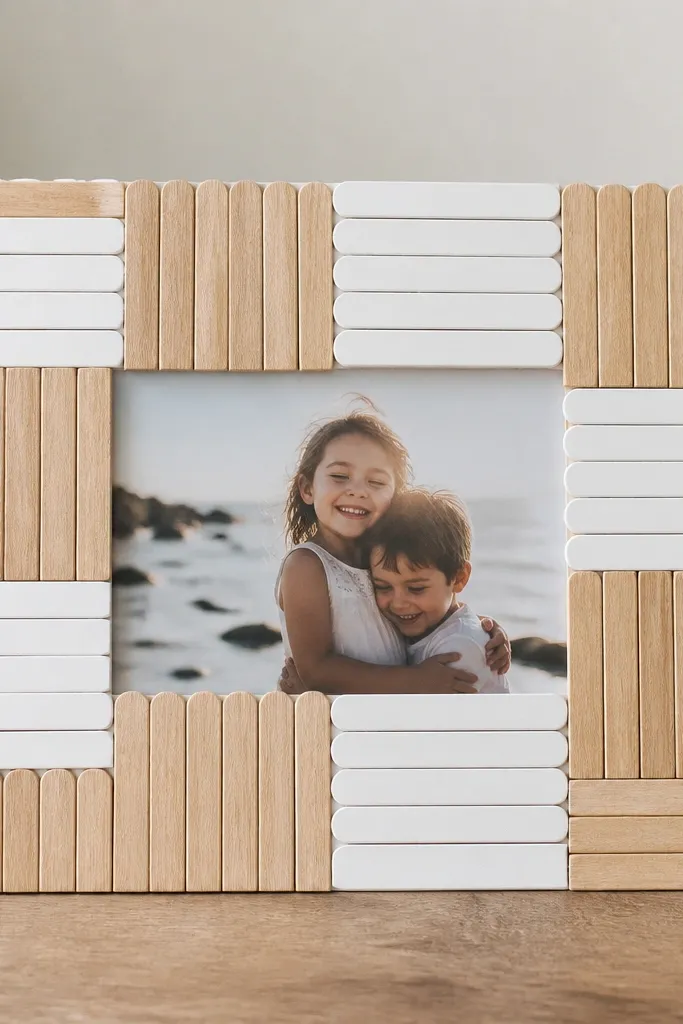 A rectangular frame where popsicle sticks are arranged in a neat grid pattern with alternating stained light oak and painted white sections around a central photo.