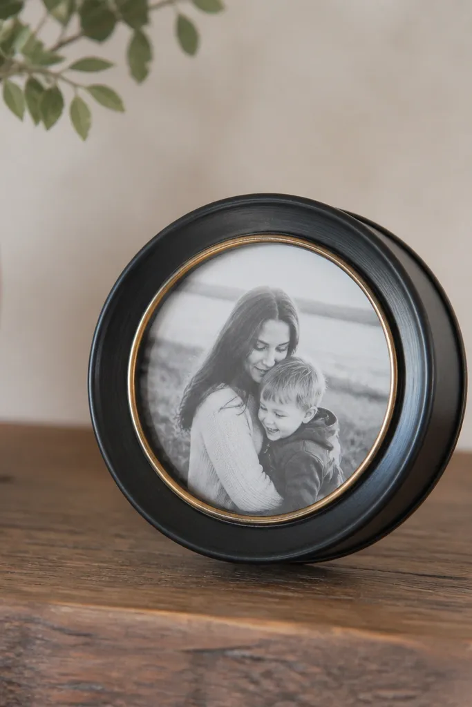 A small circular frame made from a repurposed tin can, painted matte black with a thin gold rim, holding a circular photo insert.