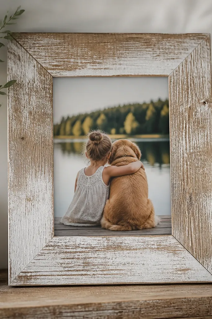 A 8x10 style frame made from rough pallet wood with uneven plank texture, edges white-washed, and a centered photo under a clear matte finish.