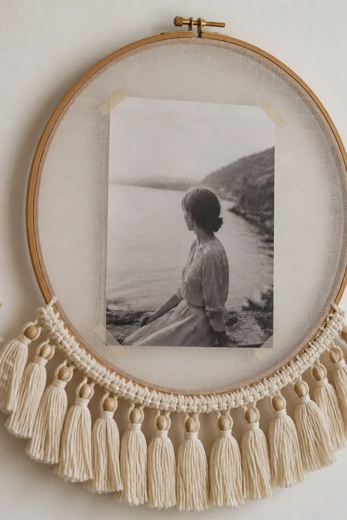 An embroidery hoop used like a frame, with a 5x7 photo taped inside behind sheer fabric, and a fringe/tassel band hanging around the bottom edge.