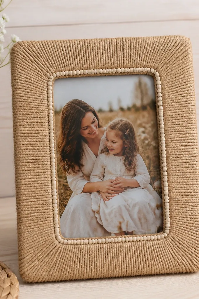A rectangular frame wrapped in jute rope with a neat hot-glue bead border around the inner opening, holding a 4x6 photo on a light wood backing.