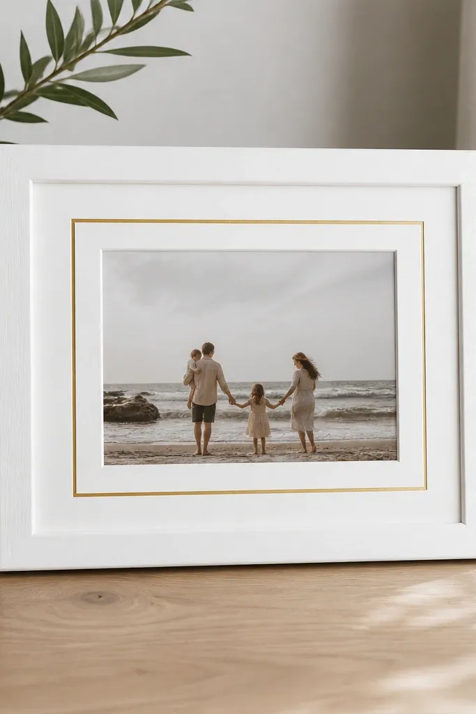 A plain white wooden frame painted matte, with thin gold painter's tape lines forming an inner border around a 4x6 photo.