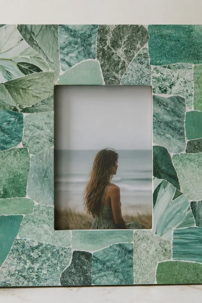 A frame covered with small magazine cutouts in one color family (teal and green), arranged like a patchwork border around a centered photo.