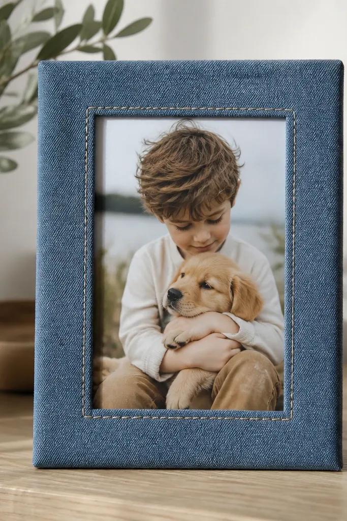 A light wood frame wrapped with washed denim fabric, with a simple stitched seam line around the inner opening and a 5x7 photo centered.