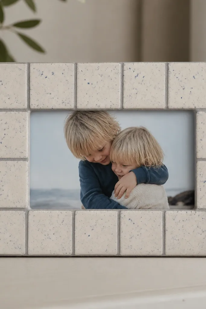A frame painted like small ceramic tiles: white base with gray grout lines and tiny blue speckles, holding a 4x6 photo.