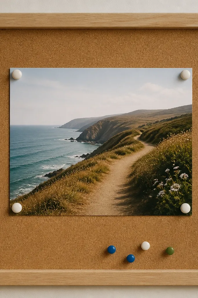 A corkboard panel in a simple wood border with a photo held by four pushpins at the corners, plus a few extra pins along the bottom.