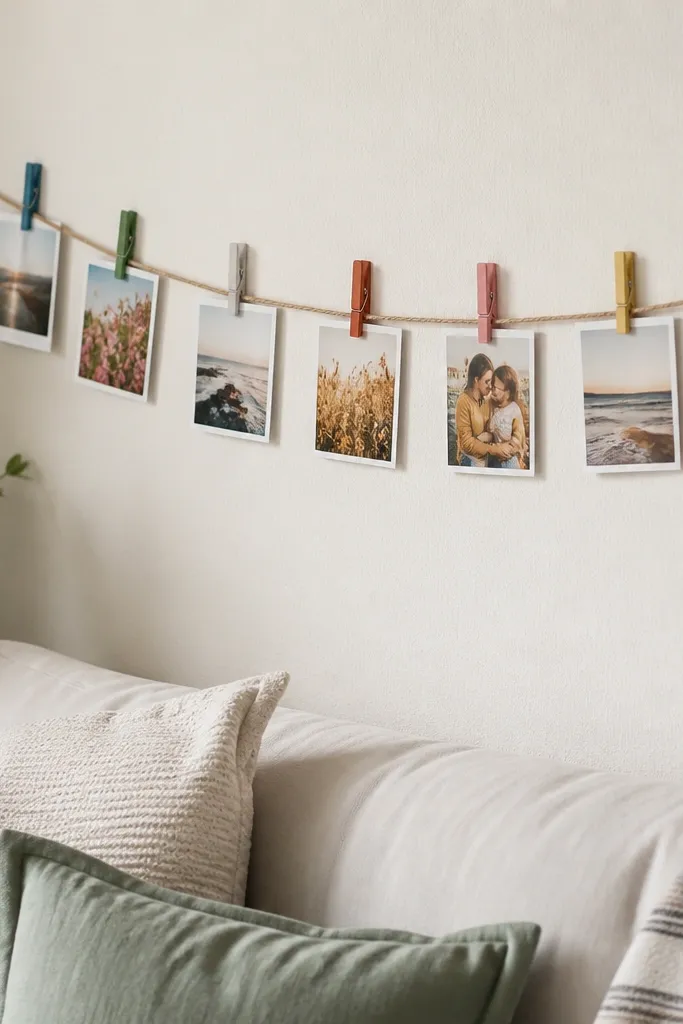 A small vertical garland made from painted clothespins clipped to a twine line, with multiple mini photos hanging in a row above a couch.
