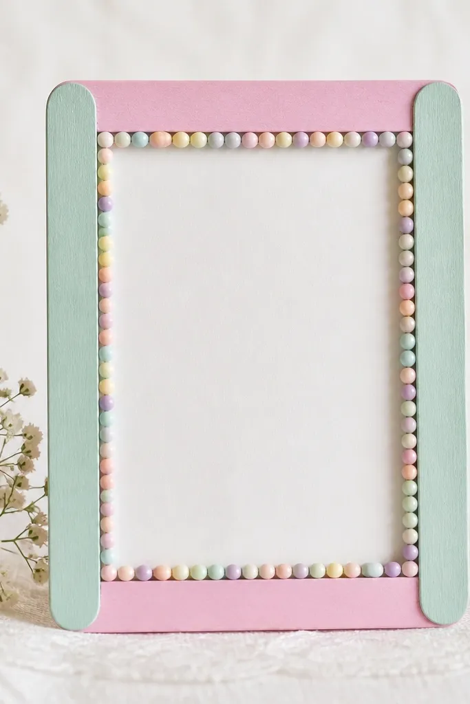 A narrow rectangular frame made from ice cream sticks painted pastel, with a single thin line of small beads glued along the inner edge.