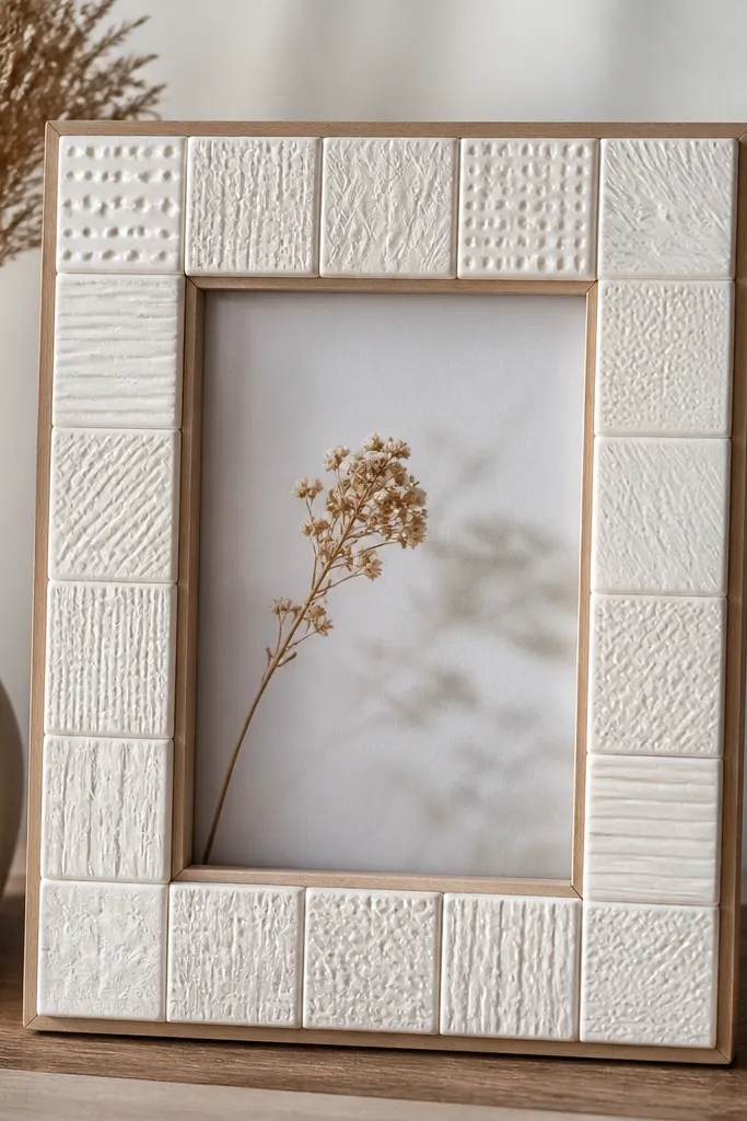 A simple wooden frame with a border made from air dry clay tiles, each tile pressed with a subtle texture pattern, painted white and sealed matte.