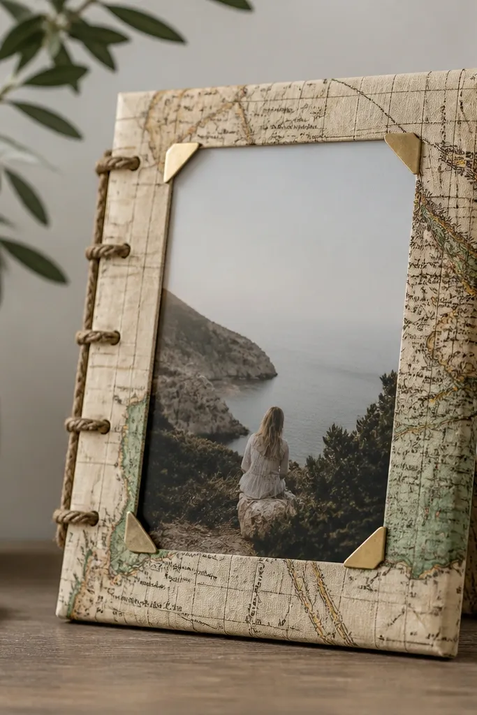 A frame wrapped in an old paper map, with a rope hinge style back and a brass-toned corner piece holding a 6x8 photo.