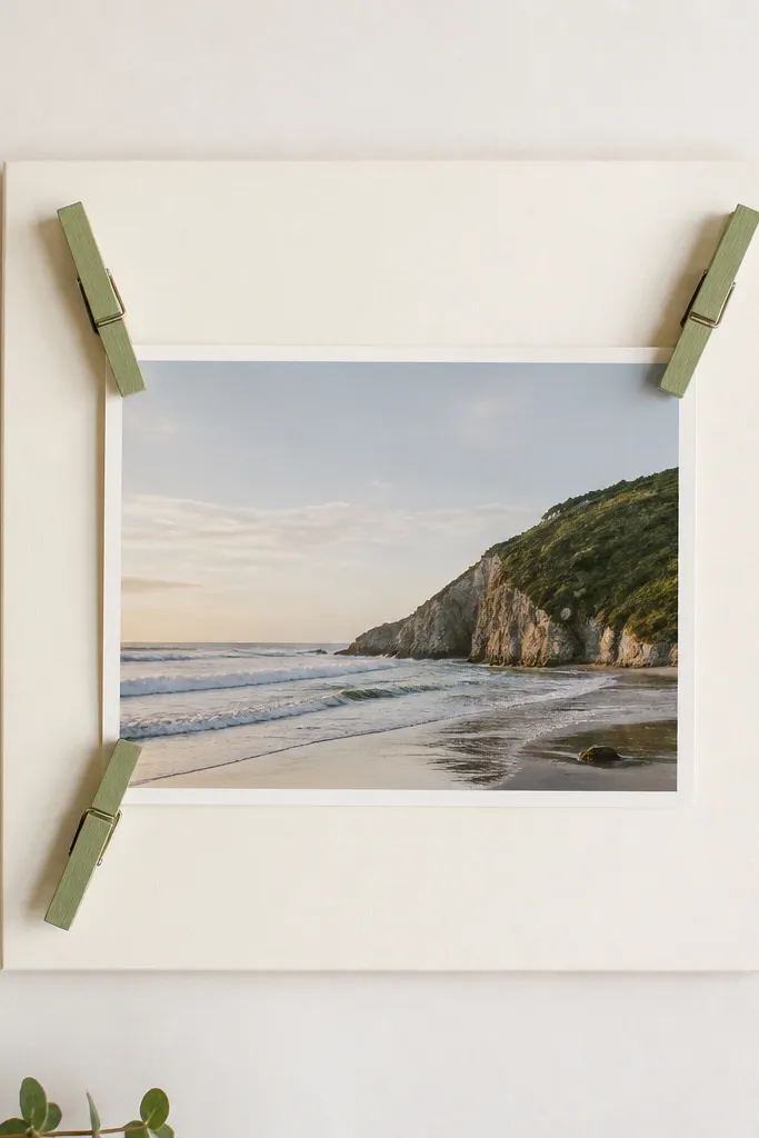 A frame where four clothespins are placed only on the corners in an L-shape arrangement, painted muted sage and holding a 4x6 photo against a matte board.
