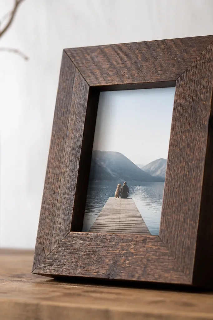 A chunky rectangular frame made from reclaimed fence boards, stained dark walnut, with visible grain and a thick backboard showing a 8x10 photo.