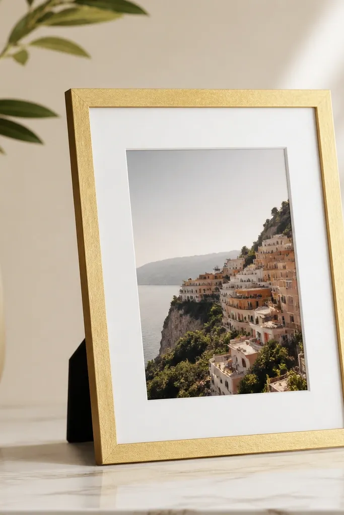 A lightweight frame made from foam board, edged with gold leaf effect tape, holding a 5x7 photo with a clean white mat border.