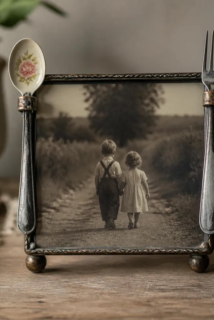A small metal utensil detail frame where one painted spoon and one fork are attached at the top corners of a vintage-style frame, holding a sepia 4x6 photo.