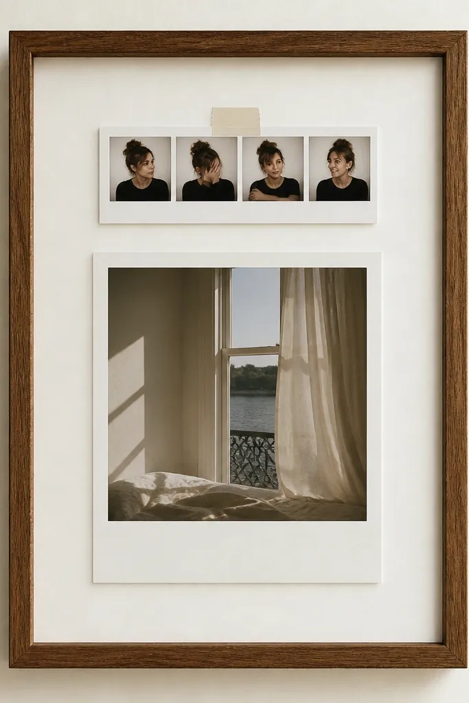 A frame that mimics Polaroid styling: a 4x6 photo centered with a thick white border and a smaller photo strip stuck above it, both inside a simple wood frame.