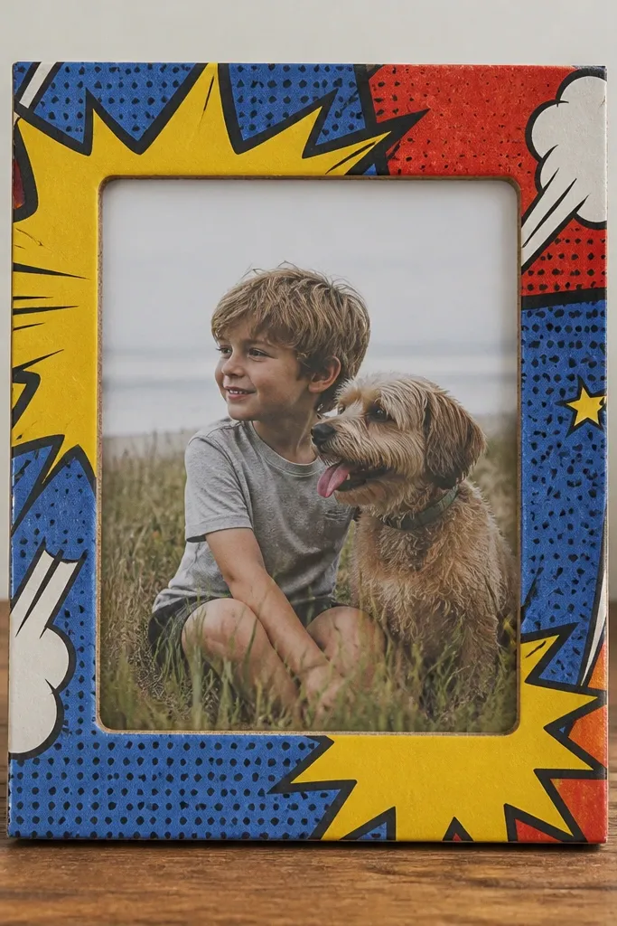 A rectangular frame made from cereal box cardboard, with a comic-style border pattern on the edges and a centered photo behind a simple window cutout.