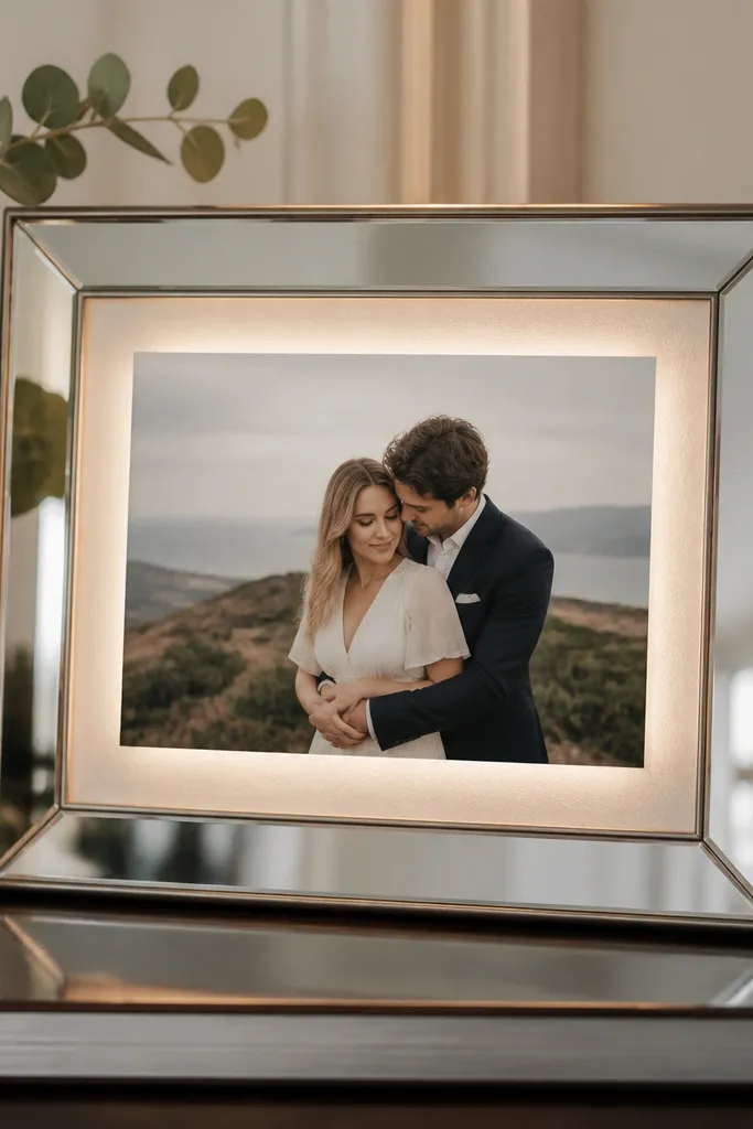 A frame with a reflective mirror-like backing and a fabric strip behind the photo, creating a subtle glow around the edges of a 5x7 picture.