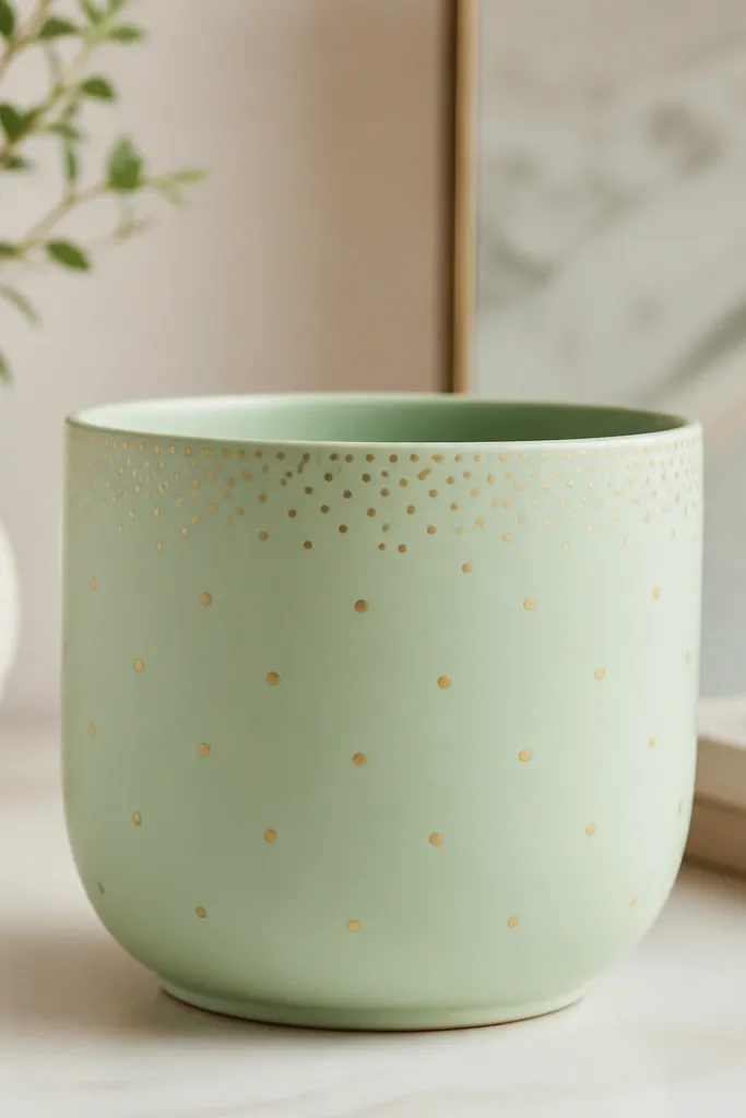 A light mint green pot with evenly spaced small gold dots, plus a slightly larger cluster of dots near the top rim.