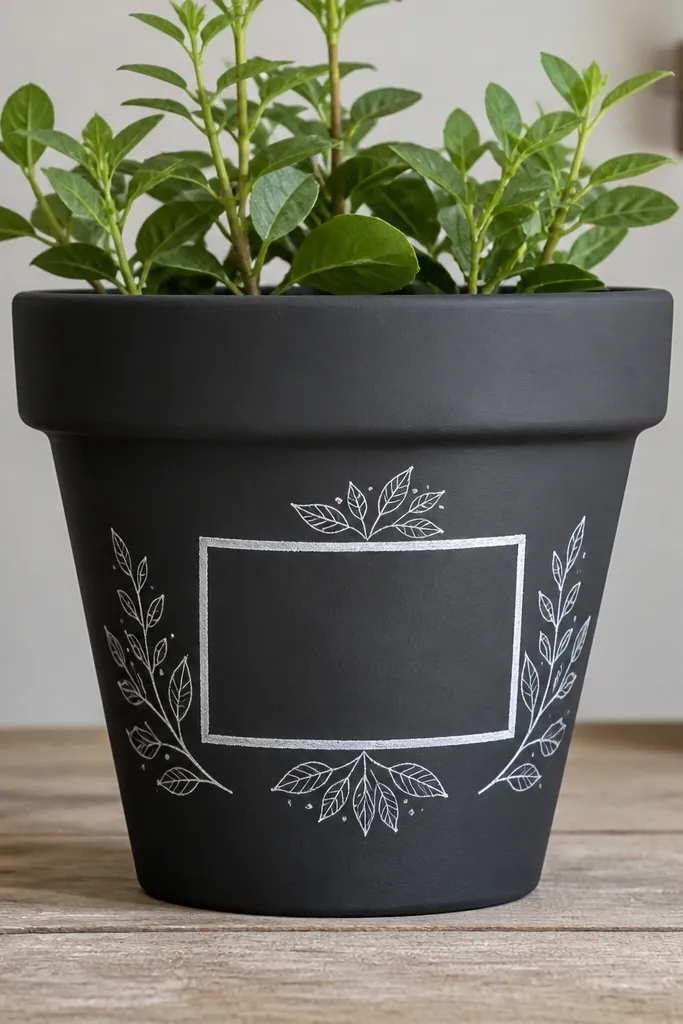 A dark charcoal pot painted in matte chalkboard finish with a centered white label rectangle and small white doodles of leaves around it.