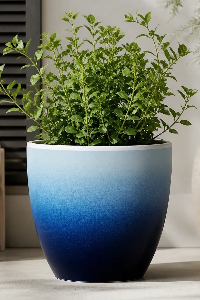 A pot that transitions smoothly from deep navy at the bottom to sky blue near the top, with a clean white rim line.