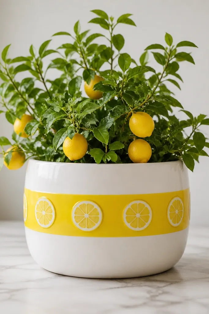 A white pot with a thick yellow ring around the middle, and small lemon slices evenly spaced like a wreath.