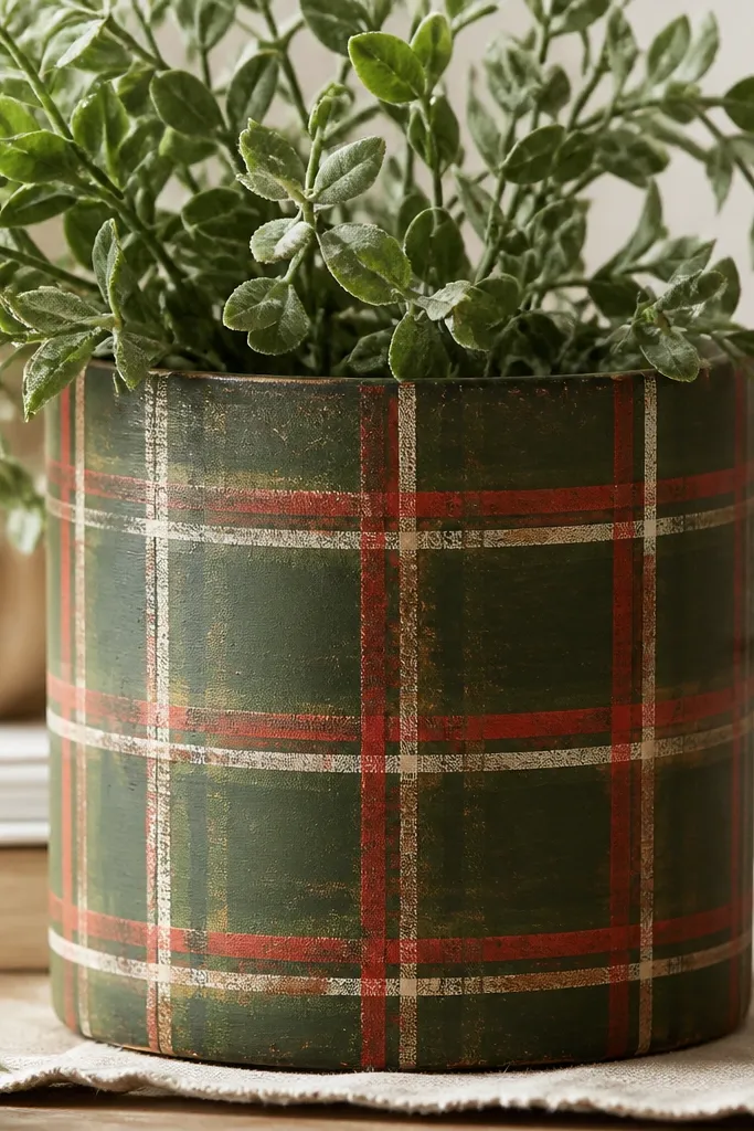 A green pot with red and cream plaid lines crossing at right angles, with a slightly distressed paint texture in the background.