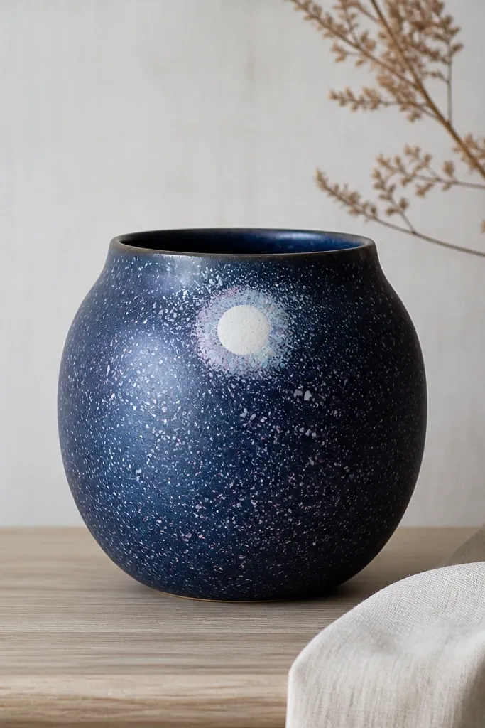 A dark navy pot with light purple and blue speckles, plus a soft white circle halo near the top like a moon.