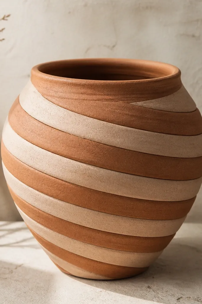 A terracotta pot painted with alternating curved rope-like bands in sand and clay tones, following a spiral around the pot.