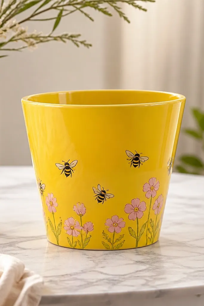 A bright yellow pot with small black-and-gold bee drawings and simple pink flower blossoms scattered around the lower half.