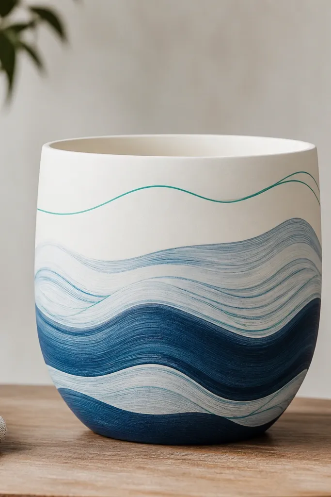 A white pot with layered wavy lines in ocean blue, plus a few thin teal lines for highlights.