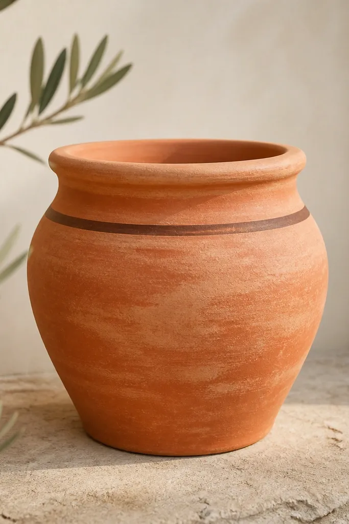 A terracotta pot with soft dry-brushed peach highlights on the raised areas and edges, with a thin dark brown band near the top.