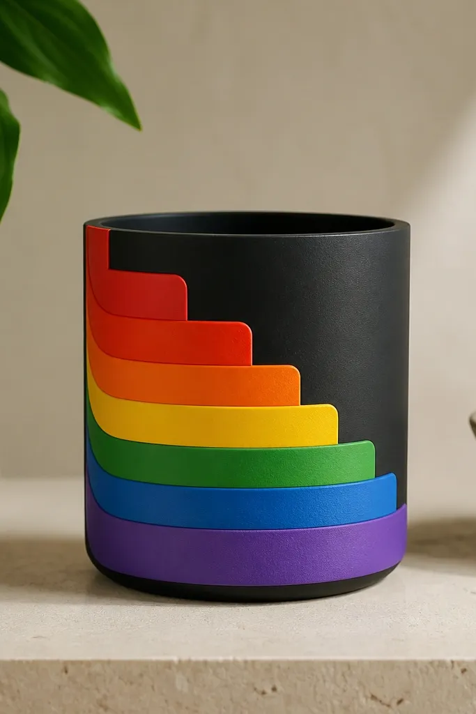 A matte black pot with stacked rainbow "step" shapes in bright red, orange, yellow, green, blue, and purple.