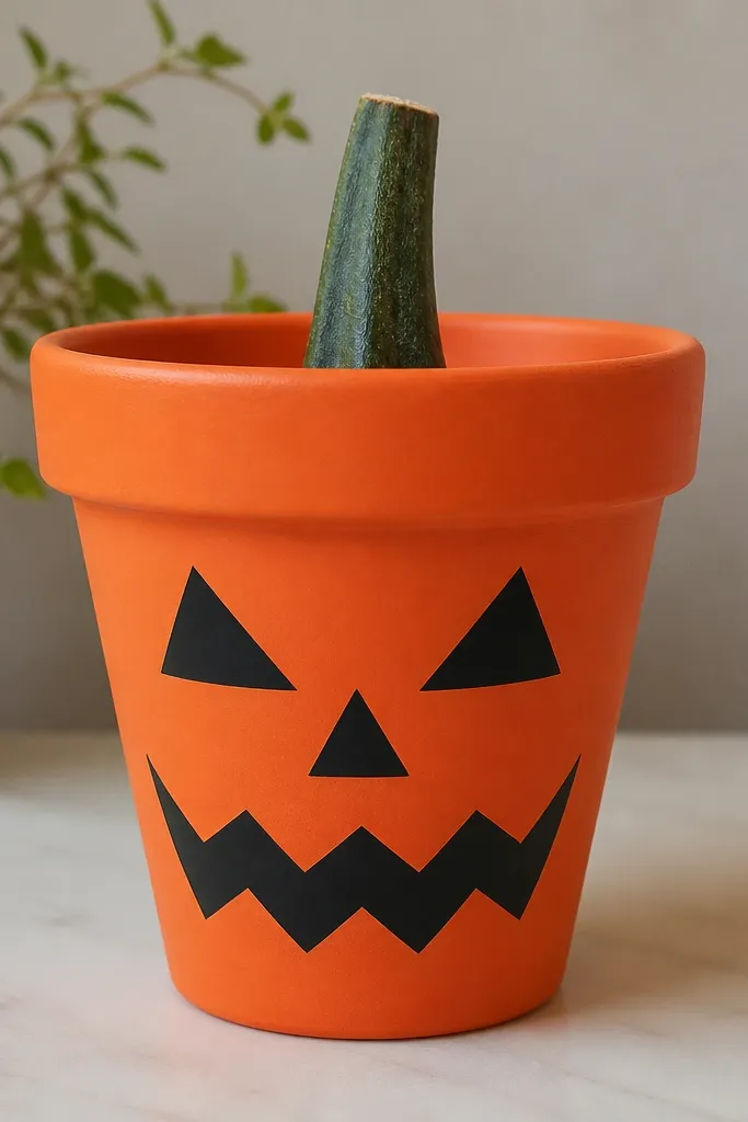 A terracotta pot painted orange with black tape-painted jack-o-lantern style eyes and a zigzag mouth, plus a green stem.