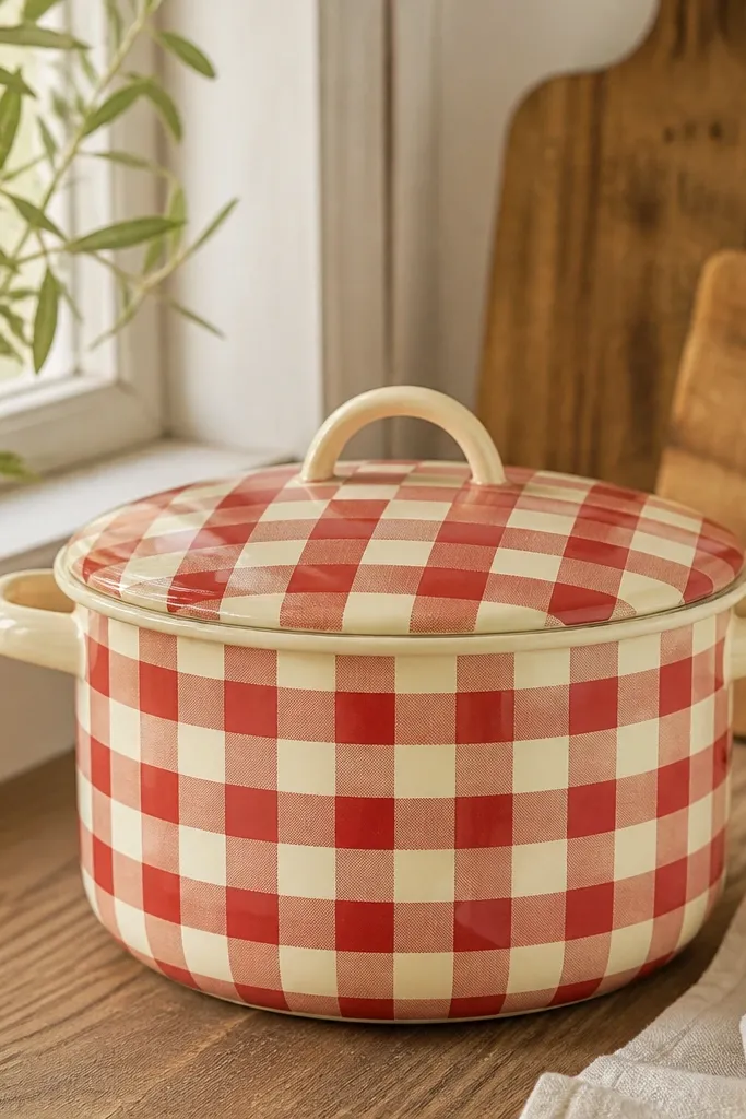 A cream pot with red-and-cream gingham squares across the entire surface, with neat grid lines wrapping around the curve.