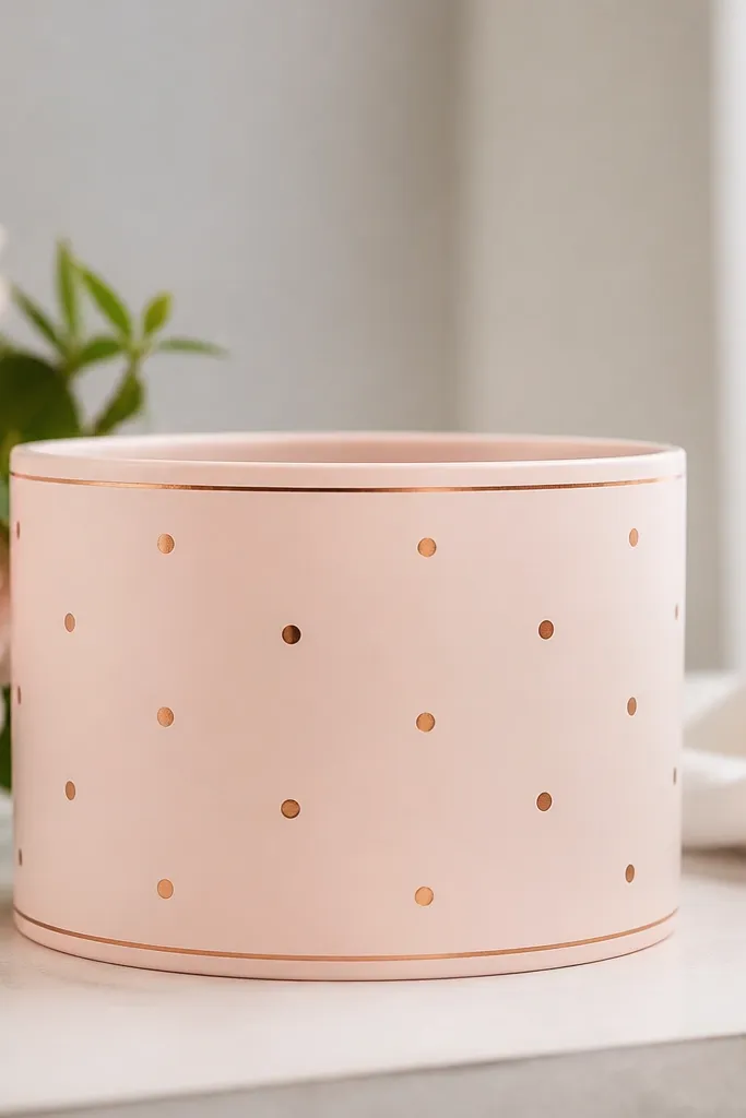 A pale blush pink pot with scattered rose gold dots and a thin rose gold line border near the top and bottom.