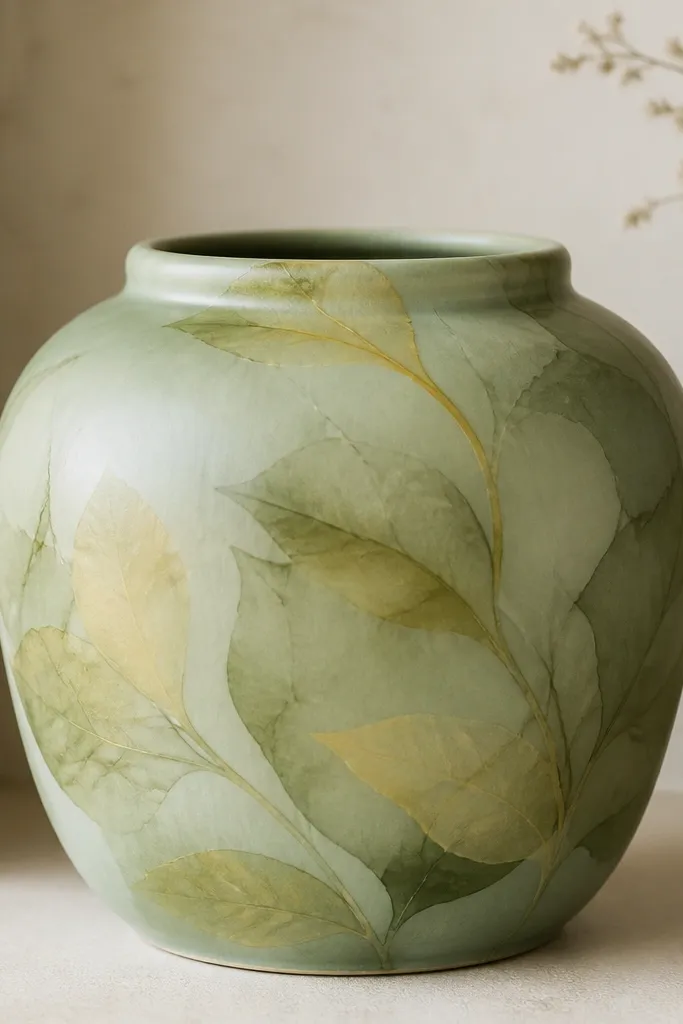 A sage green pot with semi-transparent leaf shapes in olive, light green, and soft yellow, like watercolor blooms.
