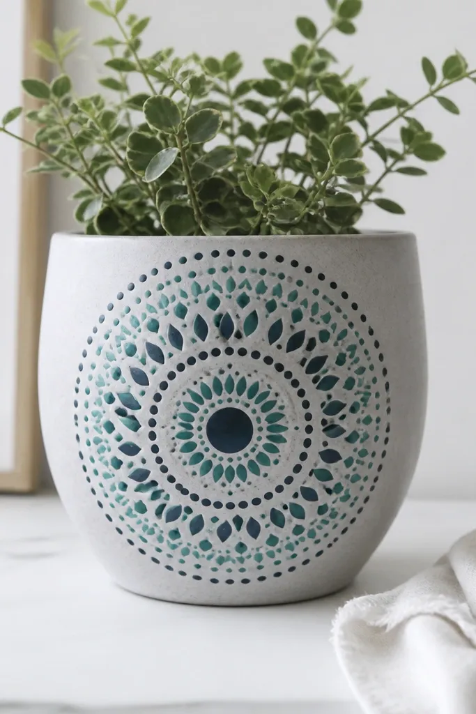 A light gray pot with concentric rings of dots and small leaf petals in teal and navy, centered around the midline.