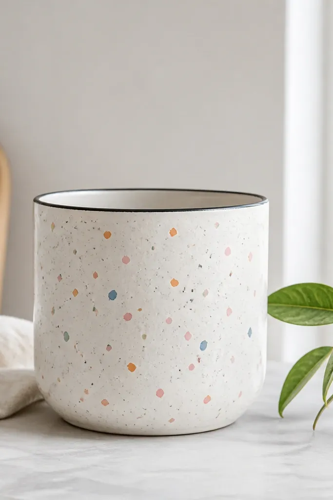A white pot with colorful confetti flecks in pink, green, orange, and blue, plus a darker outline around the rim.