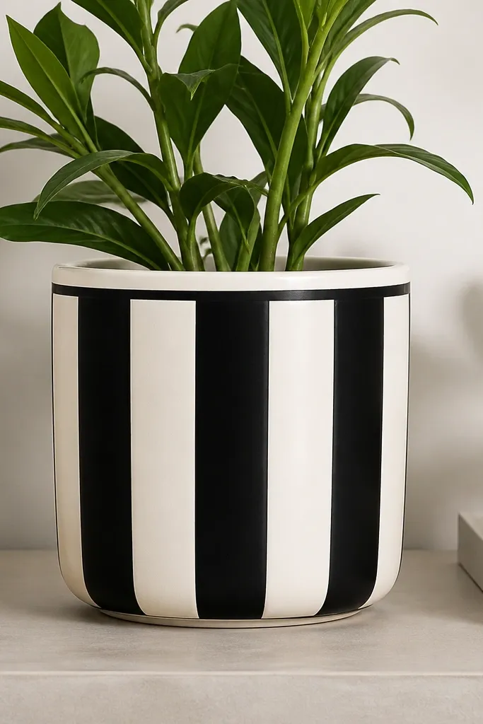 A white pot with bold alternating black and white vertical stripes, with a thin black band around the top.