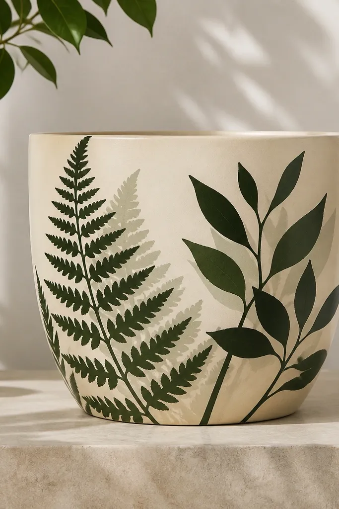 A cream pot with dark green botanical silhouettes (ferns and leaves) painted in bold shapes, plus a soft shadow behind each silhouette.