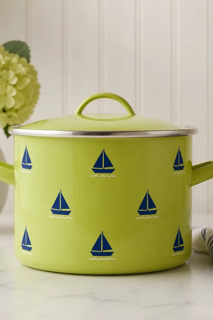 A lime green pot with simple navy sailboat icons spaced across the surface, each with a tiny white wave line at the bottom.