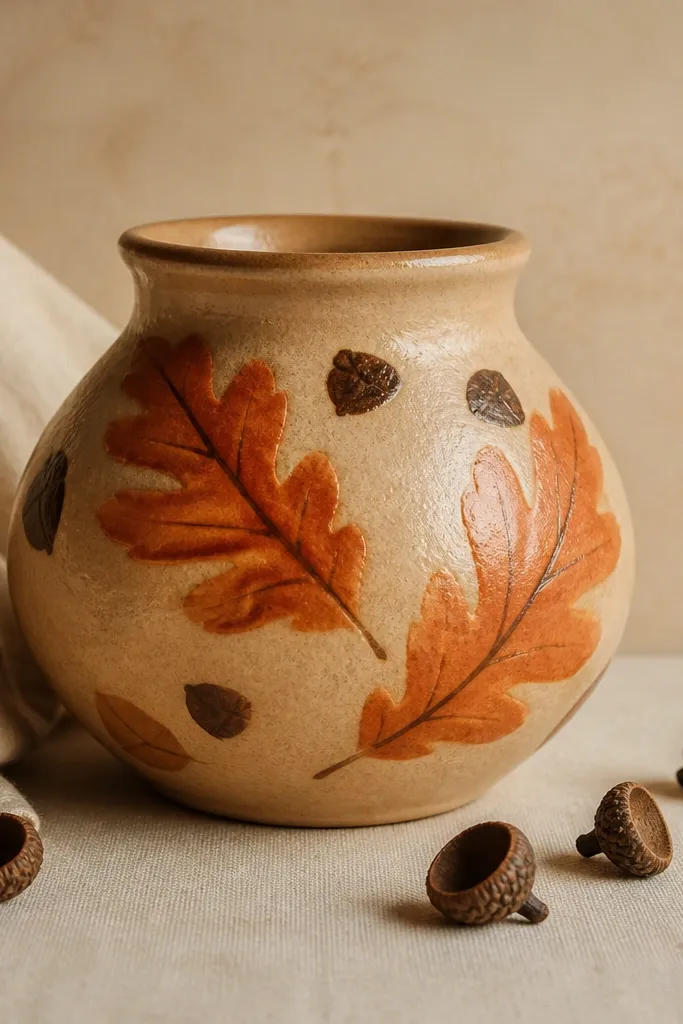 A warm beige pot with painted orange leaf shapes and burnt umber veins, plus a few scattered acorn caps in dark brown.