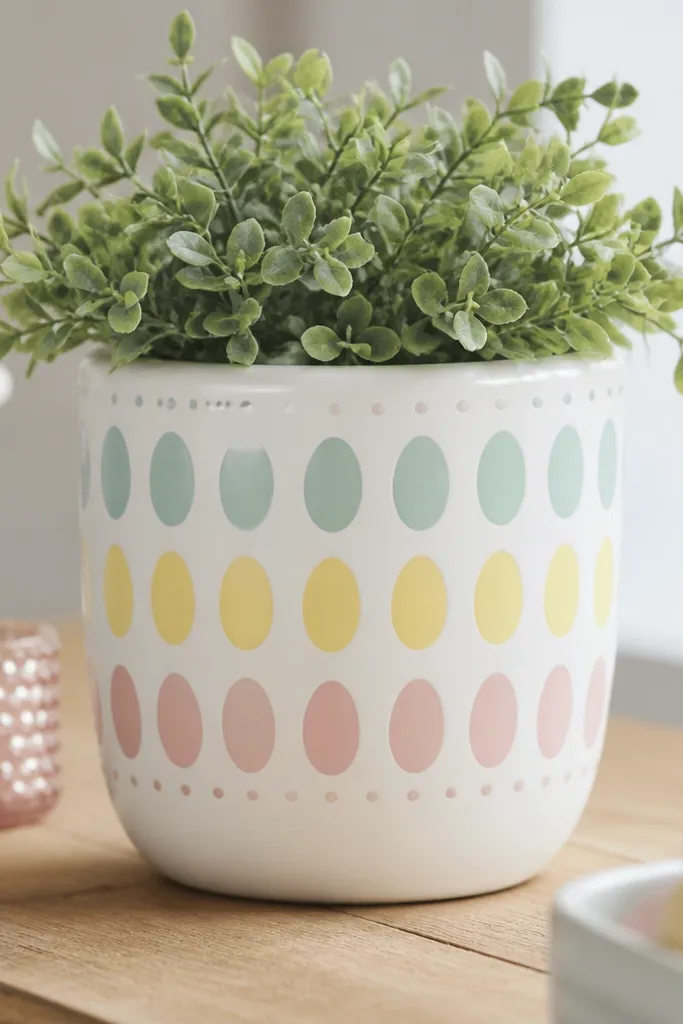 A white pot covered in pastel egg shapes in mint, pale yellow, and light pink, arranged in neat horizontal blocks, with a small dotted border.