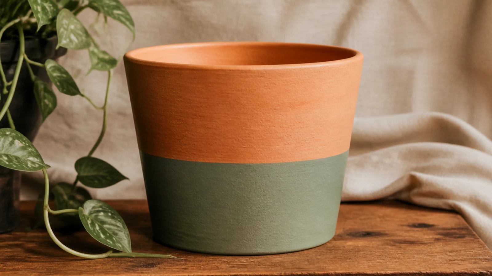 A natural terracotta pot with the bottom third painted a soft sage green in a clean horizontal line, the top left bare terracotta.